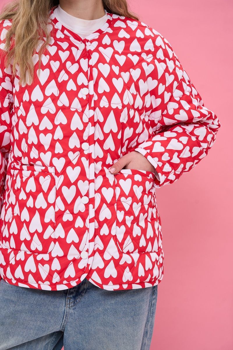 Women's lightweight red jacket with a 'White Hearts' print