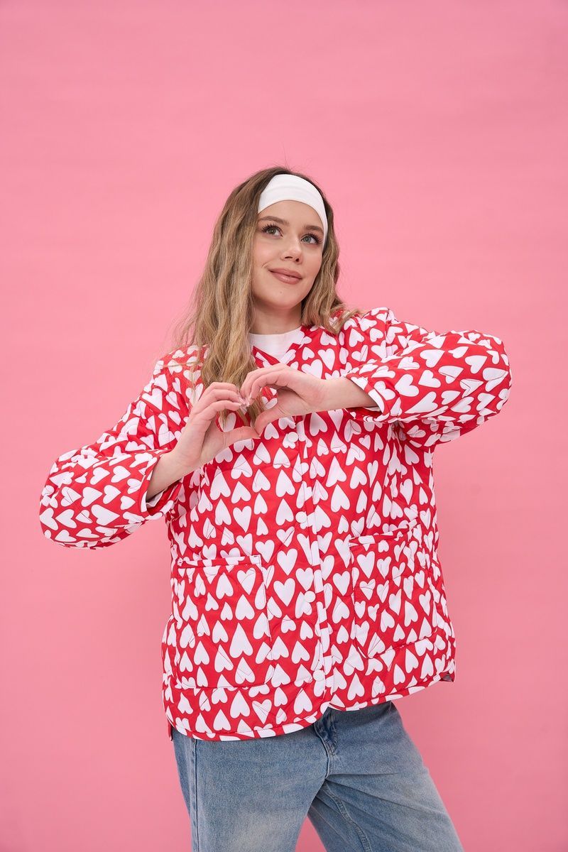 Women's lightweight red jacket with a 'White Hearts' print