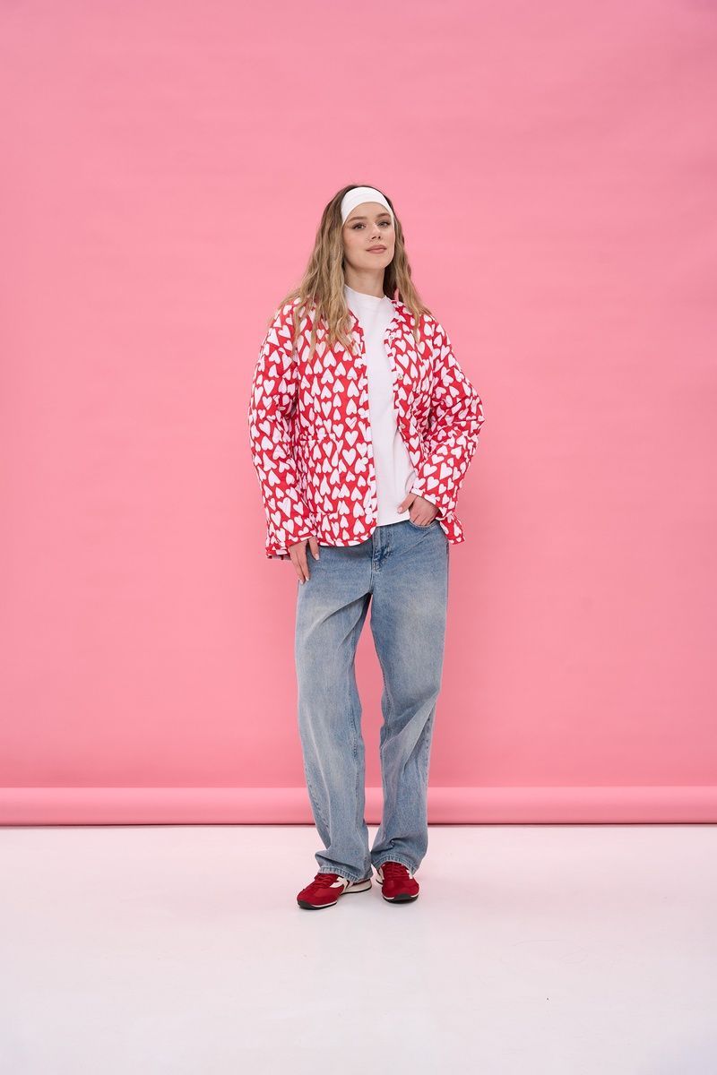 Women's lightweight red jacket with a 'White Hearts' print