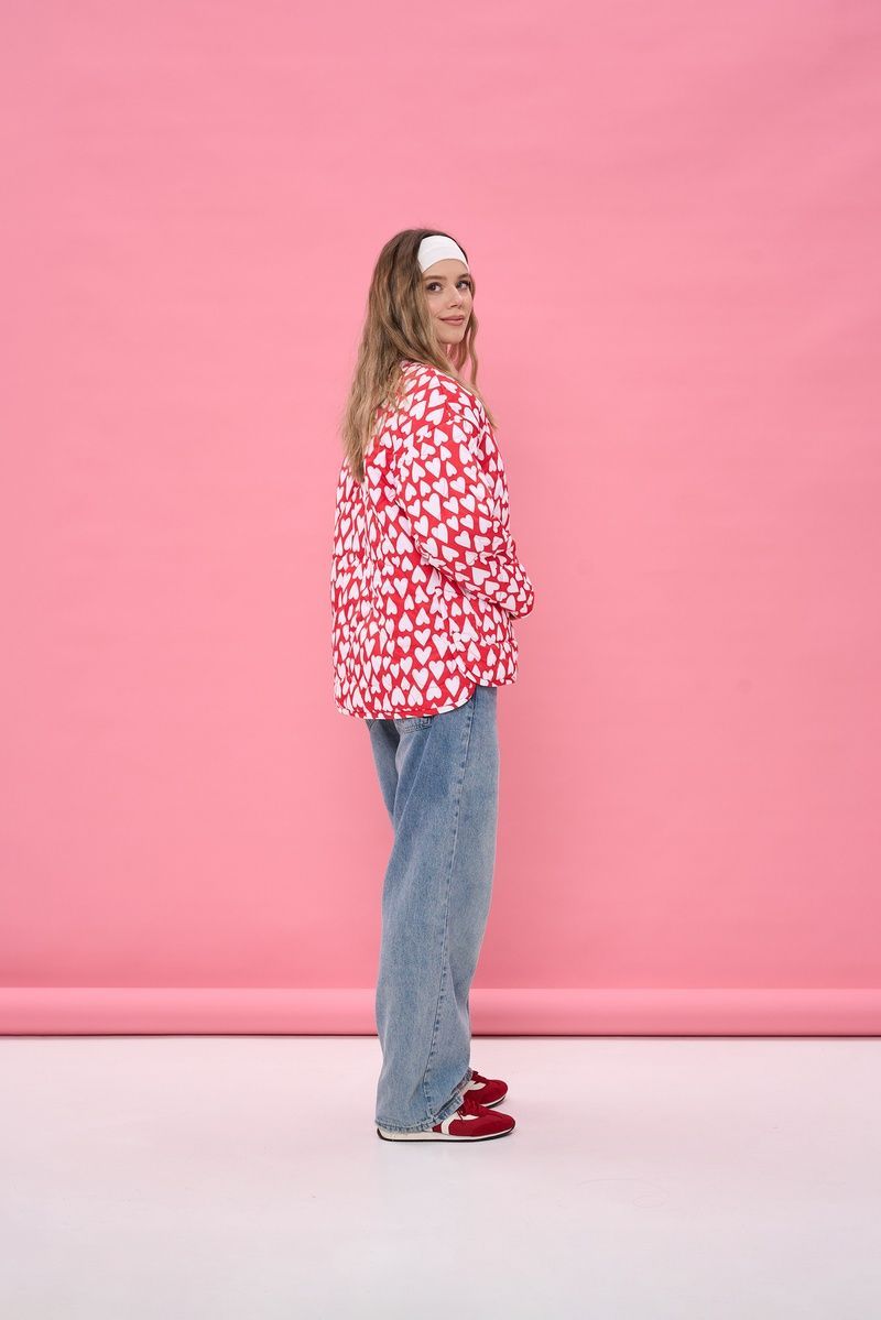 Women's lightweight red jacket with a 'White Hearts' print