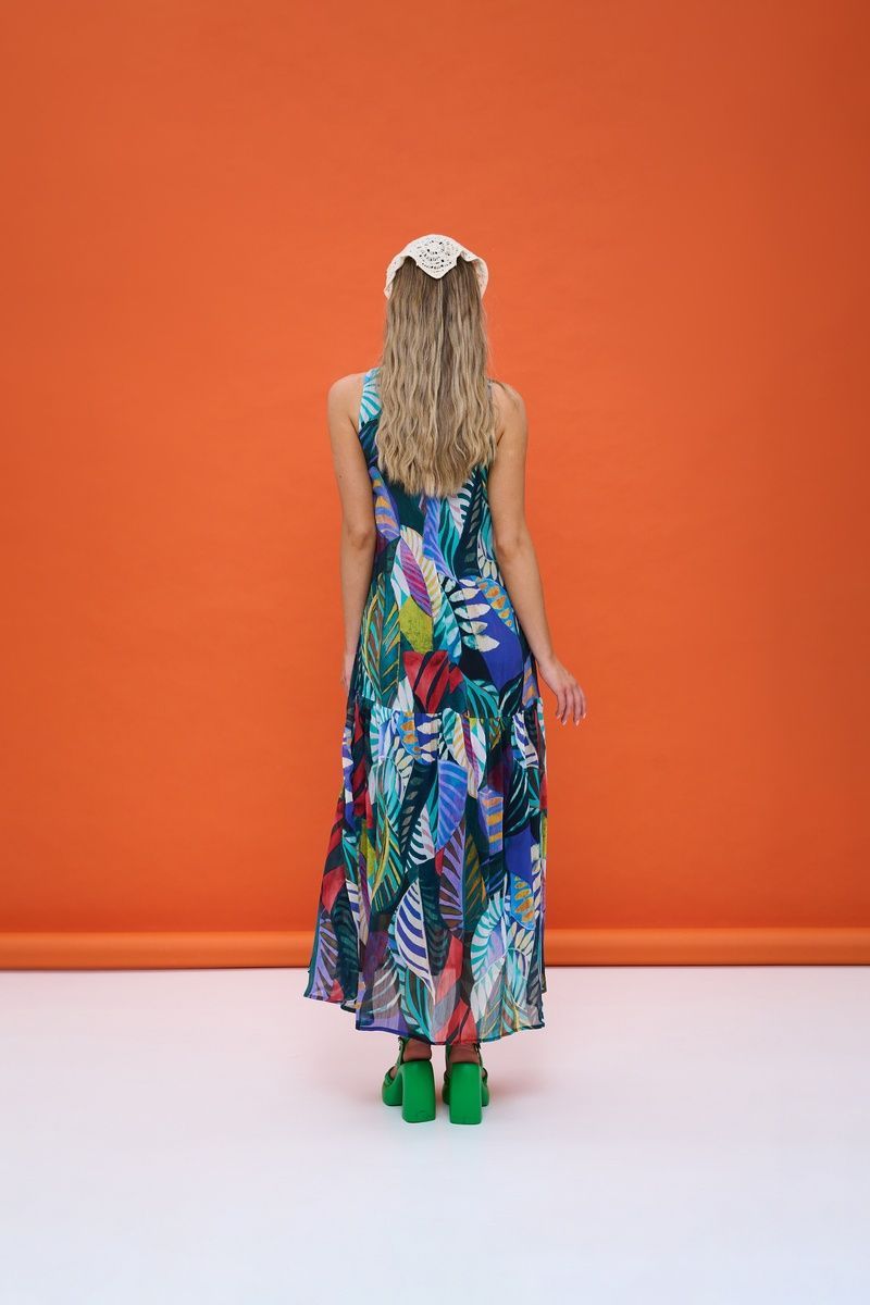 Women's viscose maxi sundress with cotton lining and a 'Fern Leaves' print
