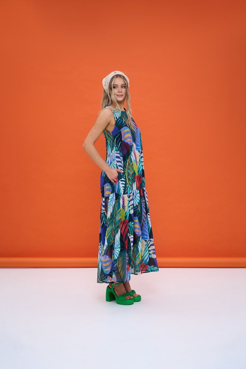 Women's viscose maxi sundress with cotton lining and a 'Fern Leaves' print