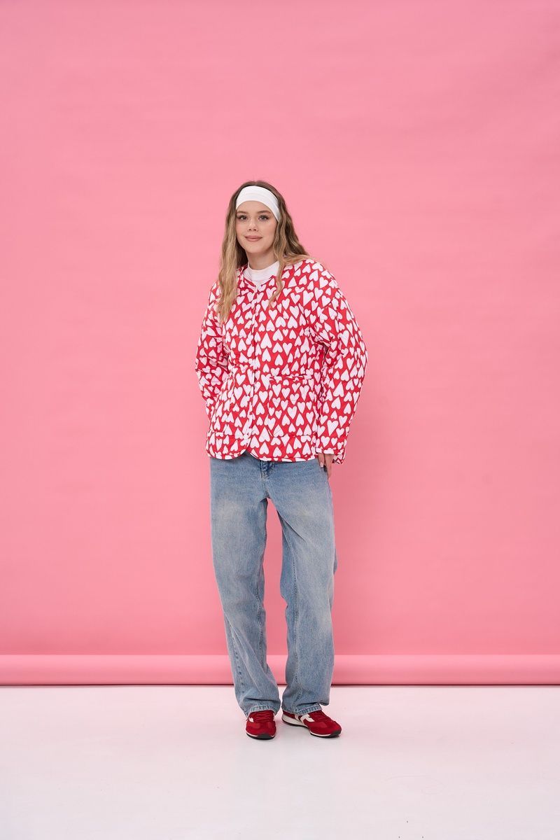 Women's lightweight red jacket with a 'White Hearts' print