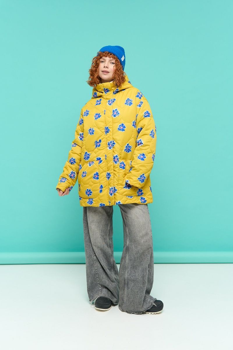 Women's lightweight mustard belted jacket with a 'Cornflowers' print