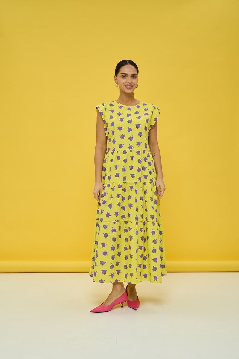 Women's yellow cotton midi sundress with a 'Sheep and Blackberries' print
