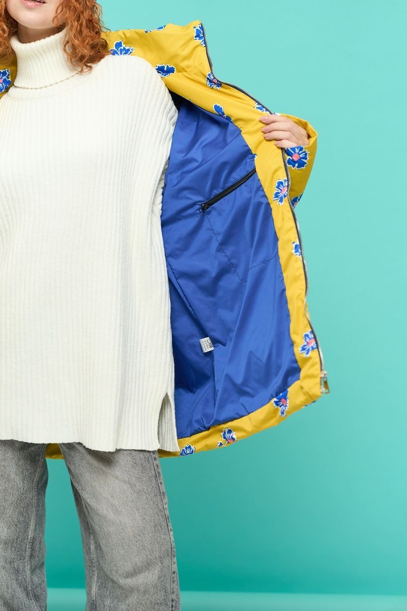 Women's lightweight mustard belted jacket with a 'Cornflowers' print