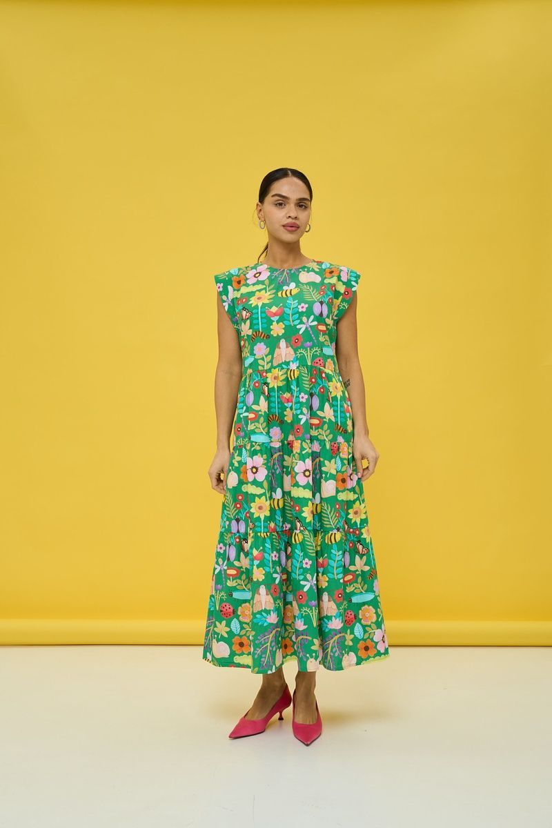 Women's green cotton midi sundress with a 'Snails and Flowers' print