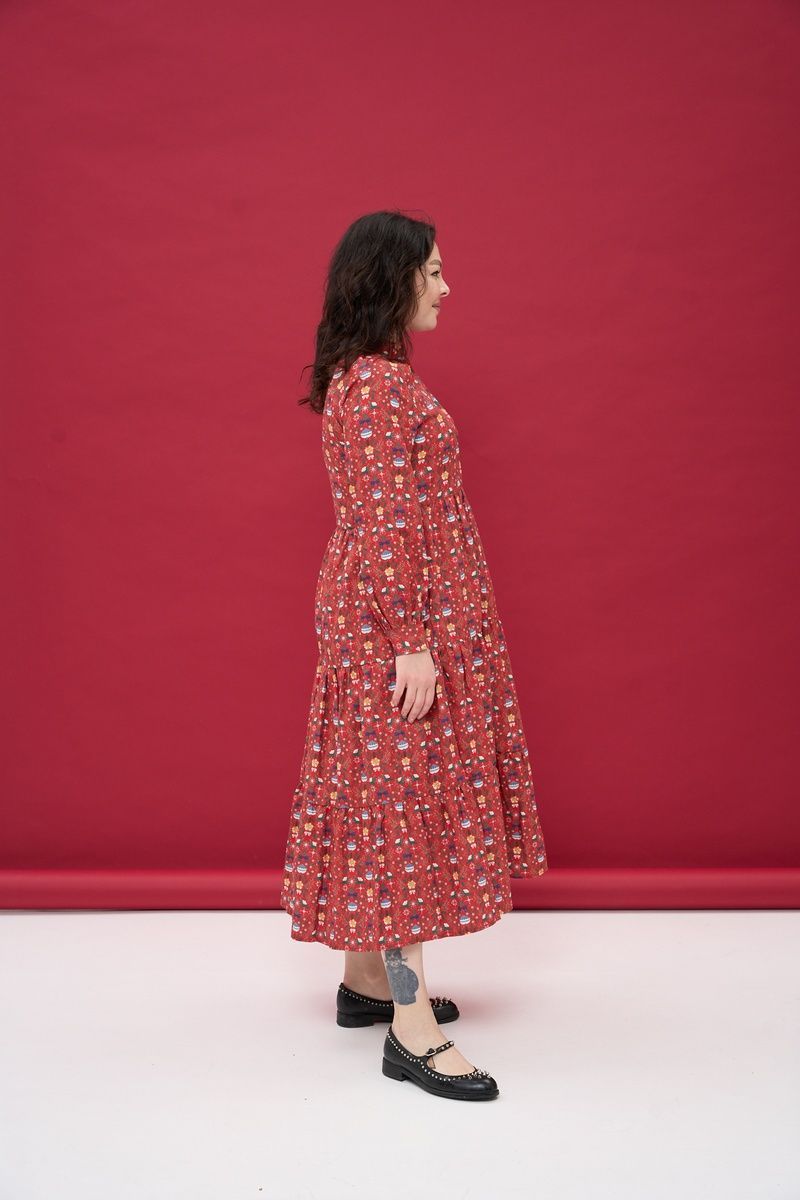 Women's red cotton midi dress with a 'Christmas Ornaments' print