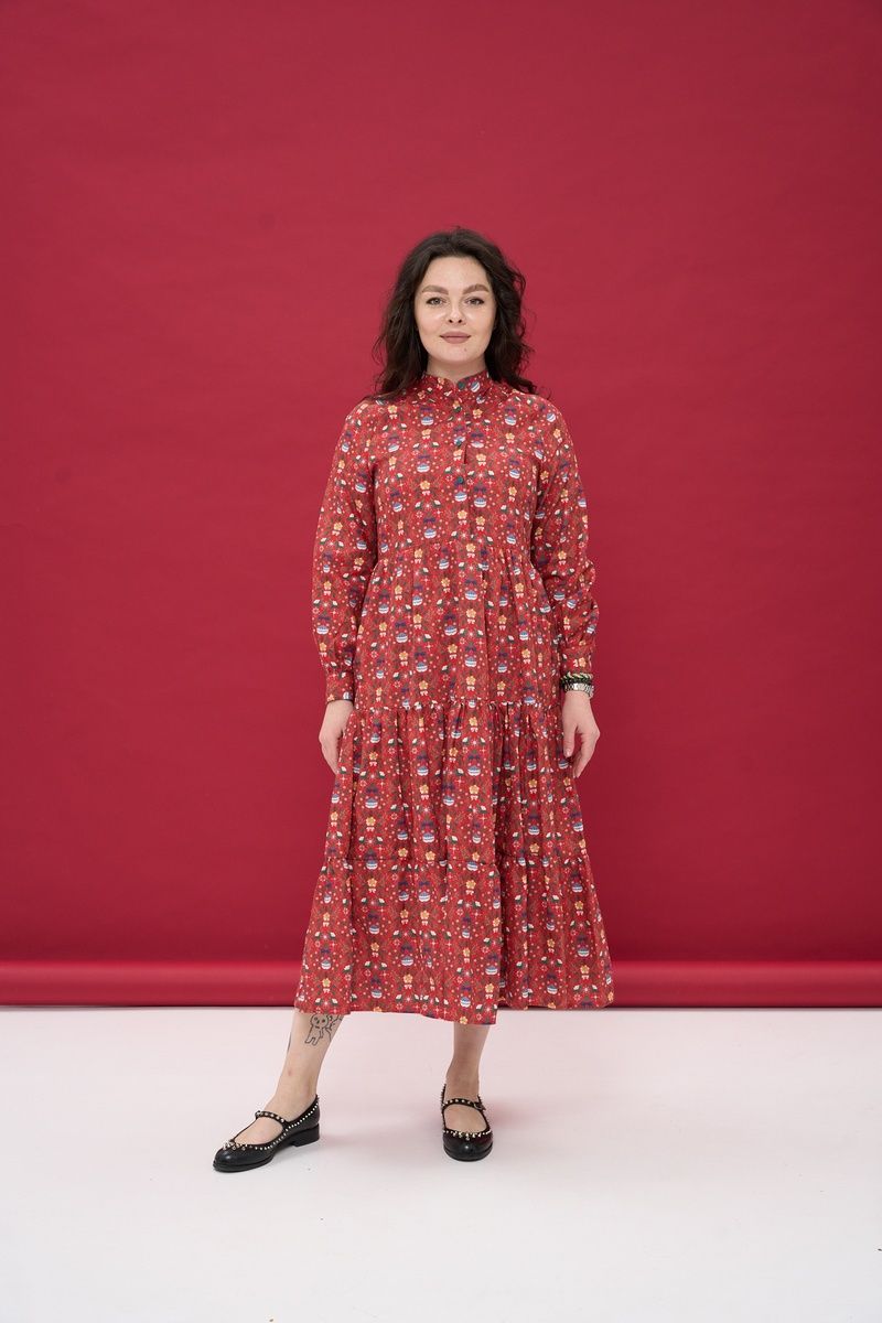 Women's red cotton midi dress with a 'Christmas Ornaments' print