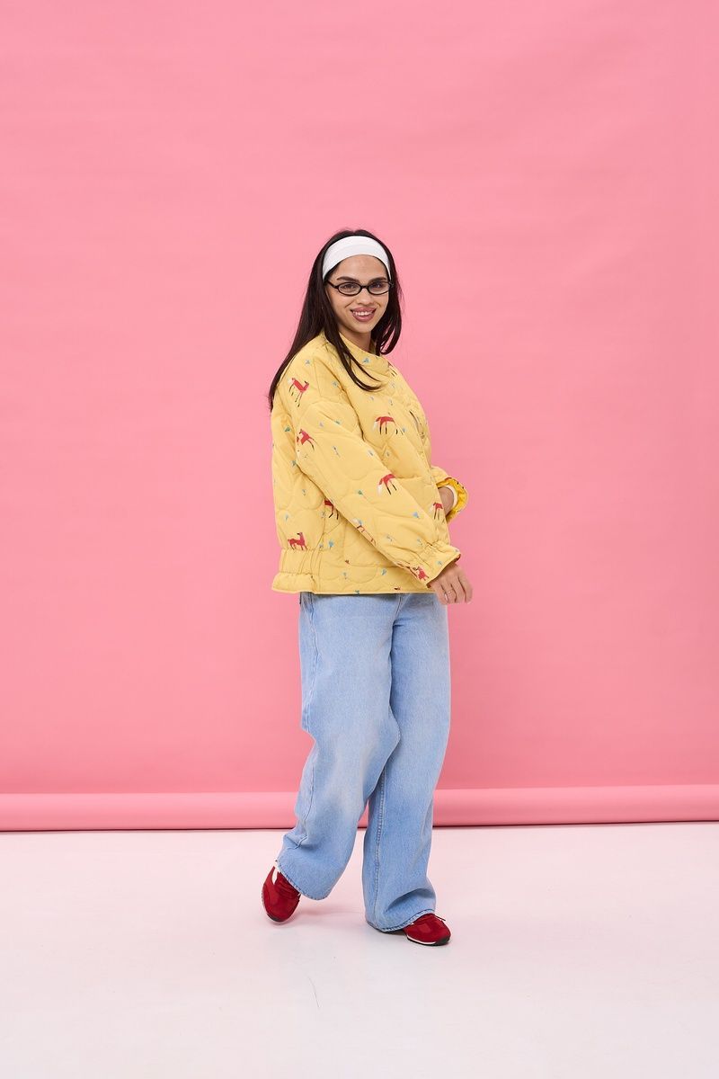 Women's lightweight yellow jacket with a 'Fox' print