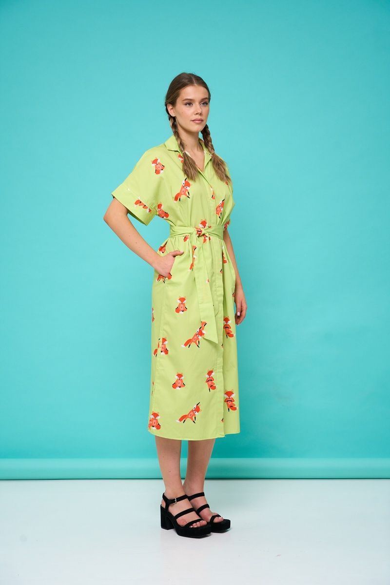 Women's light green cotton midi dress with a 'Yogi Fox' print