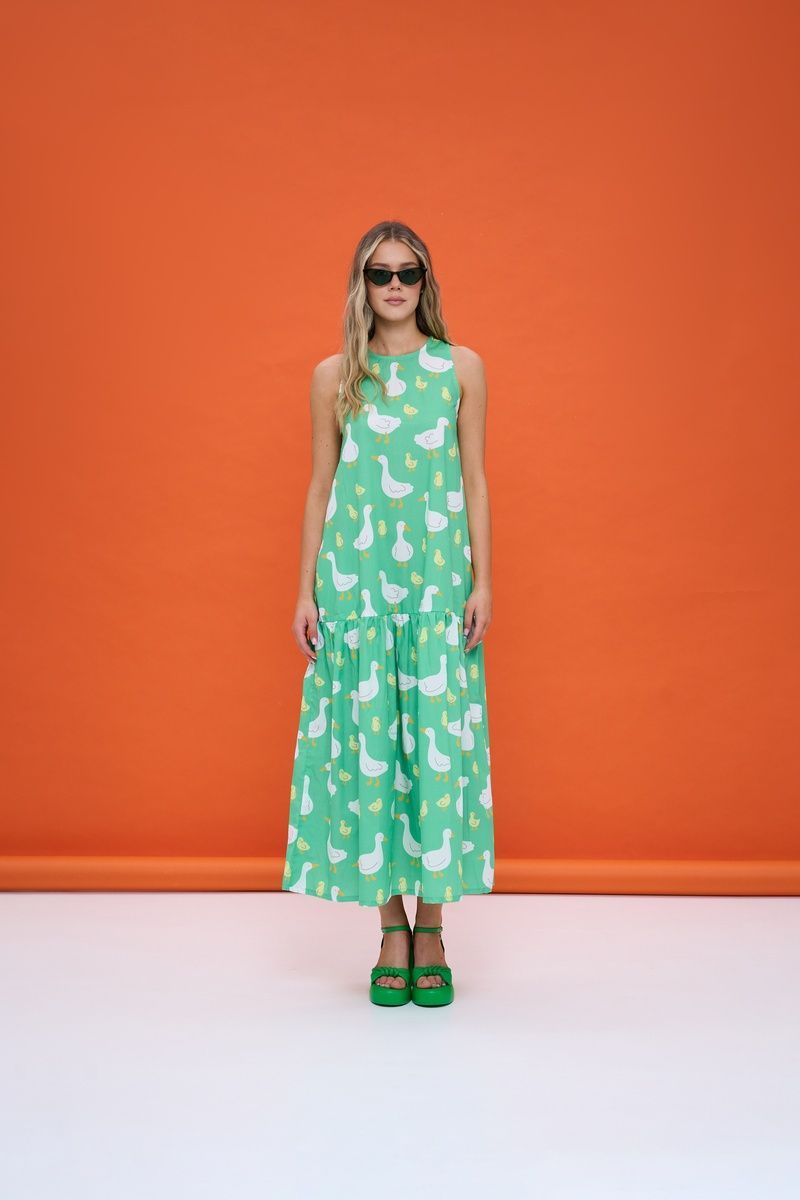Cotton maxi sundress in light green with "Geese" print