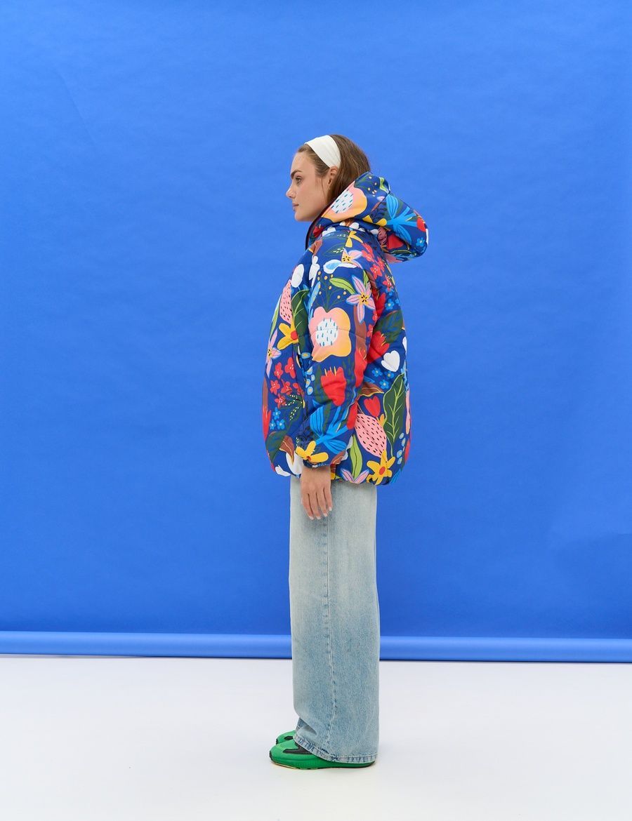 Women's Round Jacket Blue with Floral Print