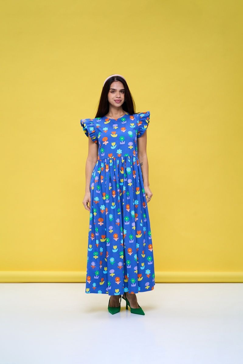 Cotton maxi sundress in blue with "Flowers" print