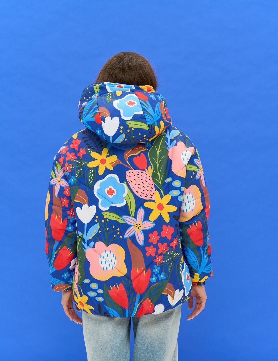 Women's Round Jacket Blue with Floral Print