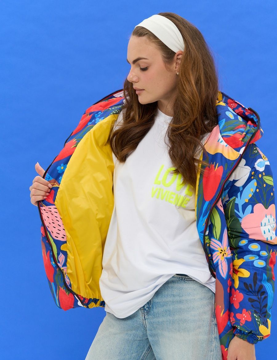 Women's Round Jacket Blue with Floral Print