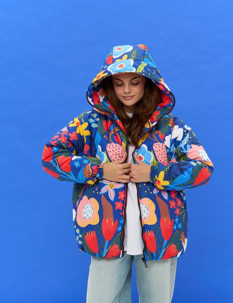 Women's Round Jacket Blue with Floral Print
