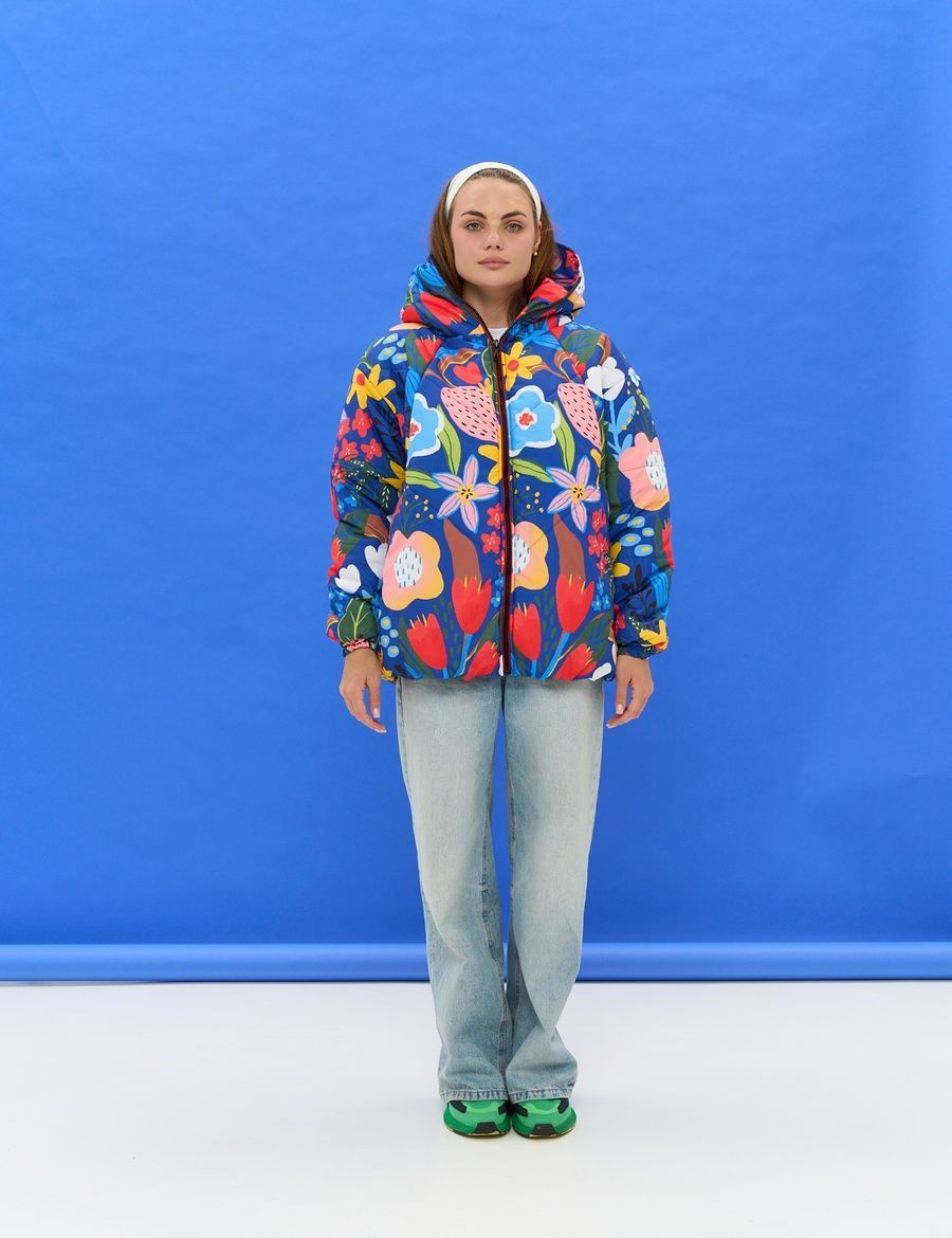 Women's Round Jacket Blue with Floral Print