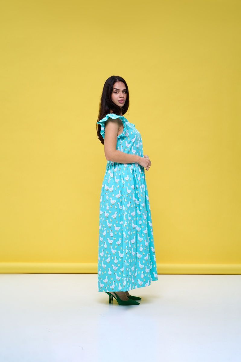 Cotton maxi sundress in mint with "Geese" print
