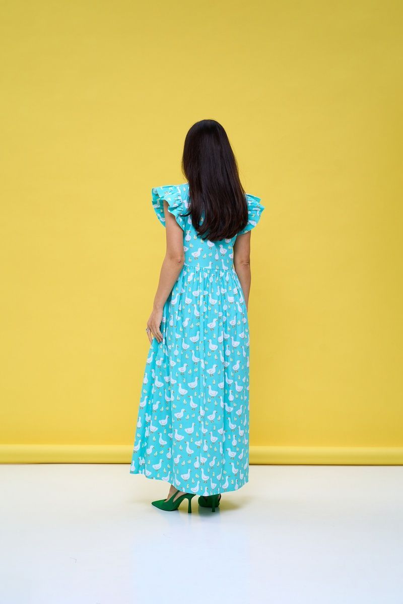 Cotton maxi sundress in mint with "Geese" print