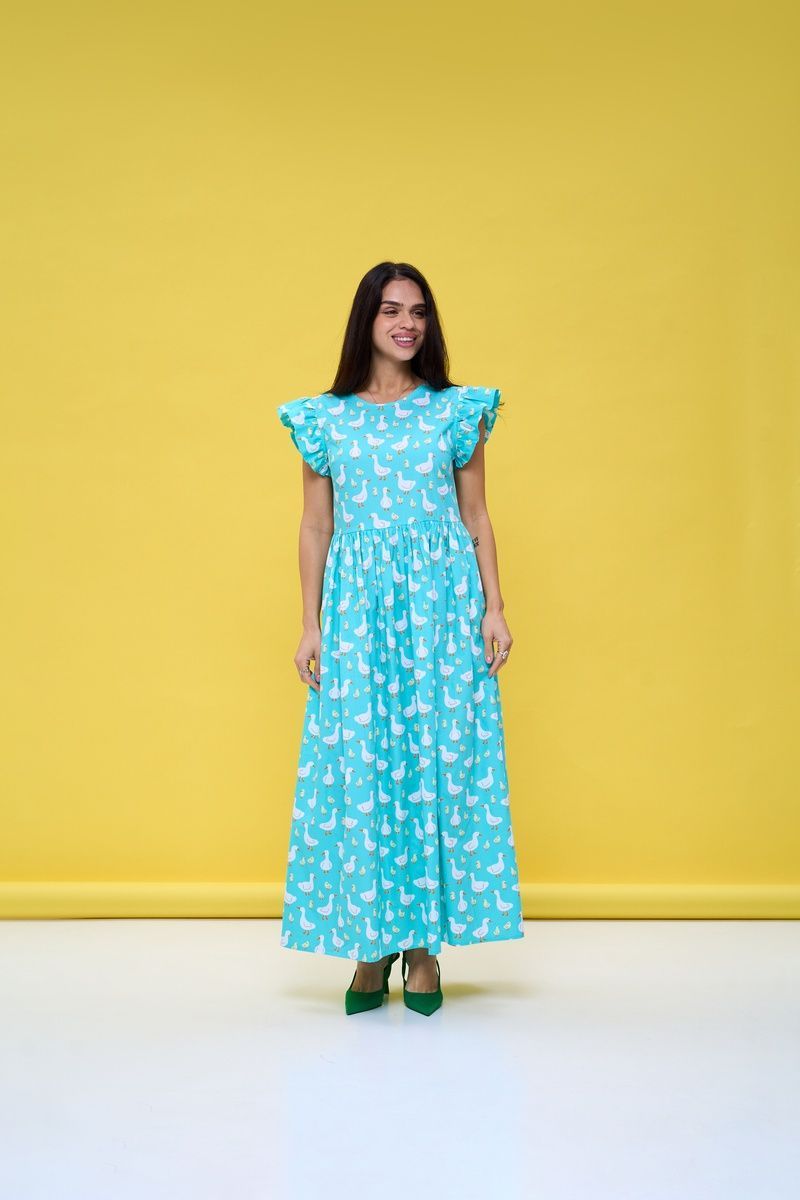Cotton maxi sundress in mint with "Geese" print
