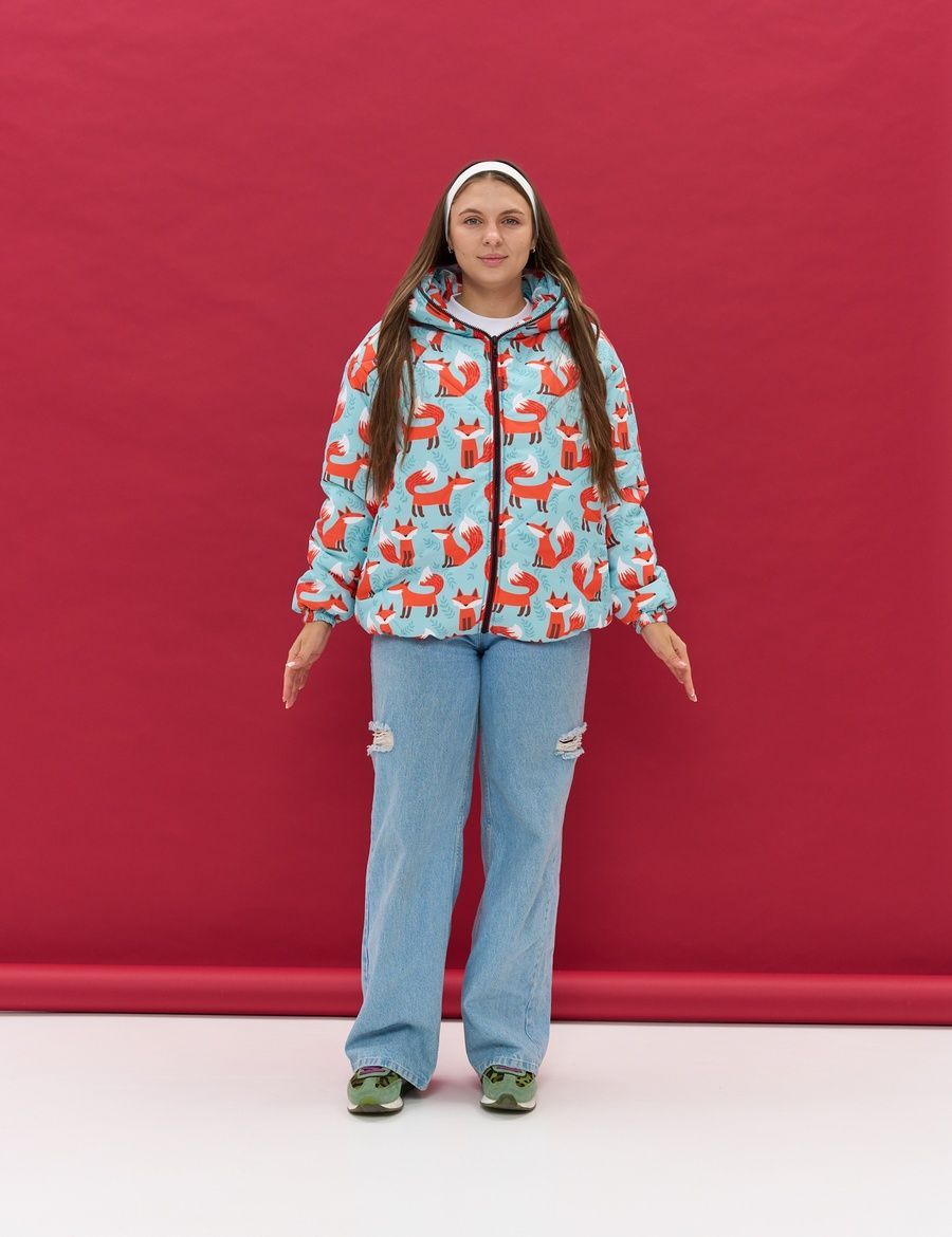 Women's Round Jacket Light Blue with Fox Print