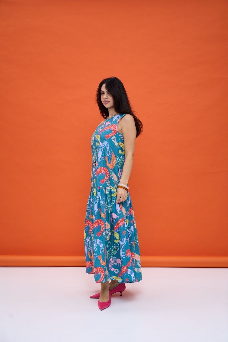 Grey cotton maxi sundress with "Shrimps" print