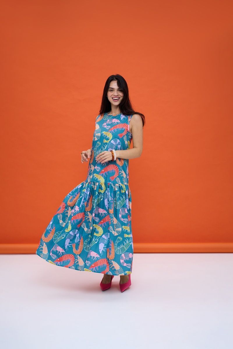 Grey cotton maxi sundress with "Shrimps" print