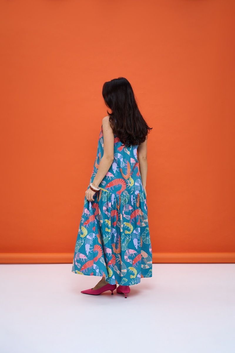 Grey cotton maxi sundress with "Shrimps" print