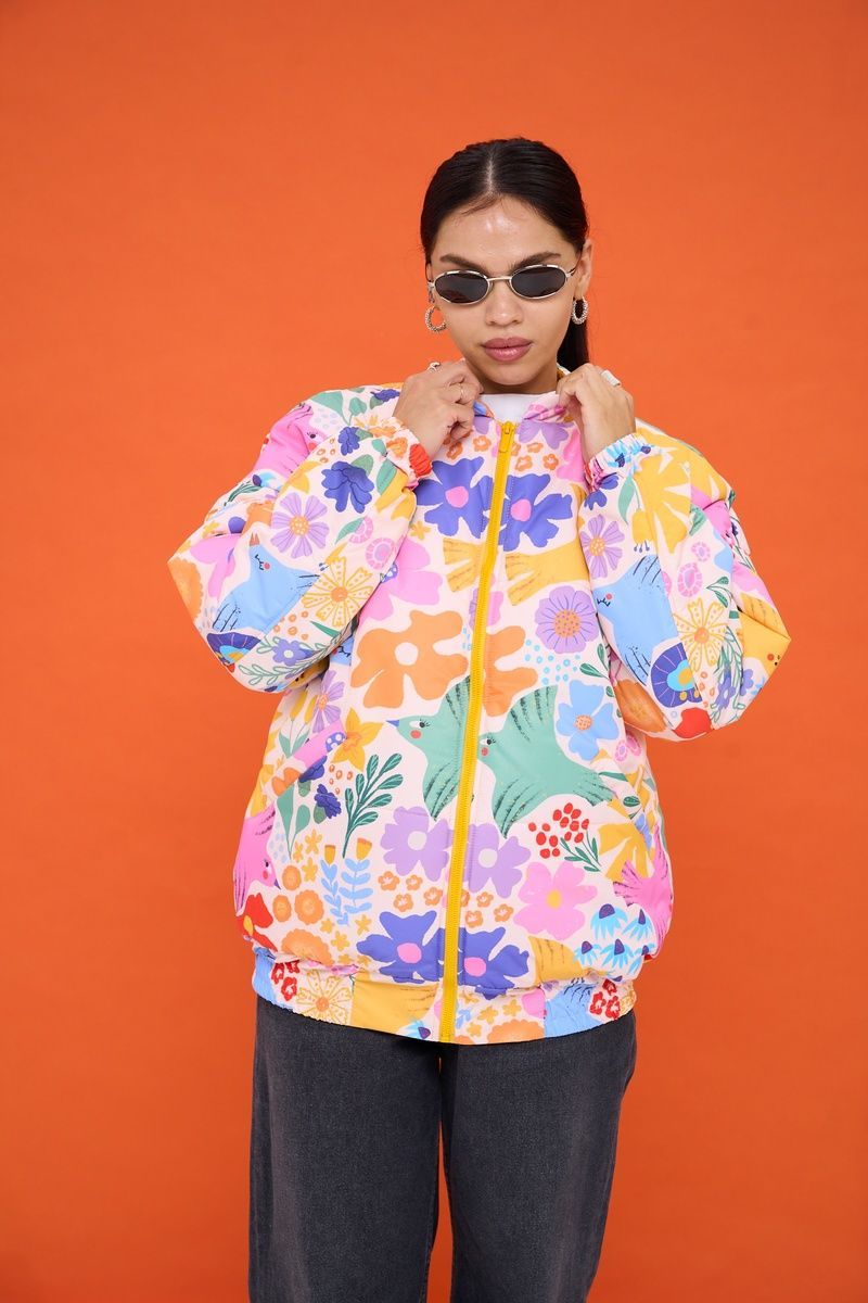 Women's Milk White Bomber Jacket with Bird and Floral Print