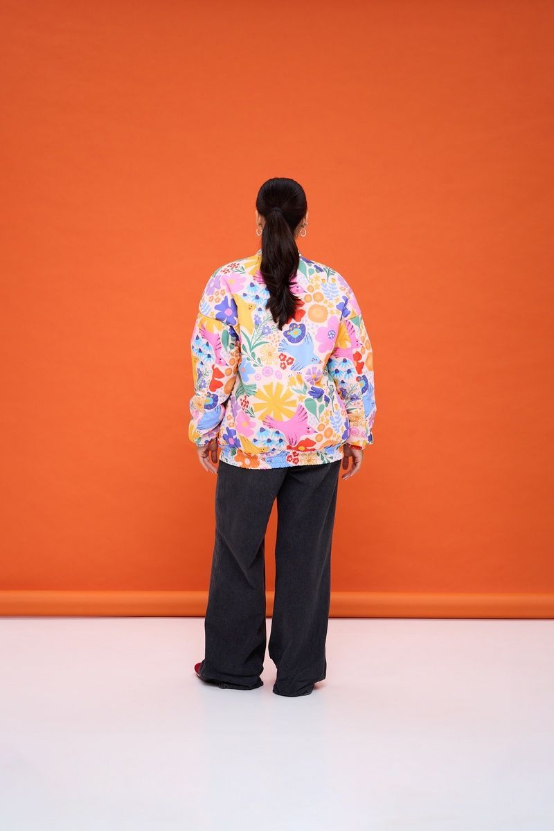 Women's Milk White Bomber Jacket with Bird and Floral Print
