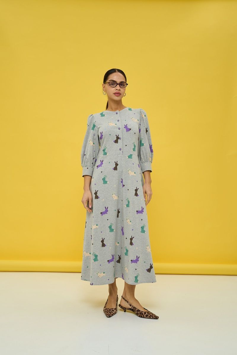 Women's grey jersey midi dress with a 'Bunnies' print