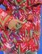 Women's red belted jacket with abstract print