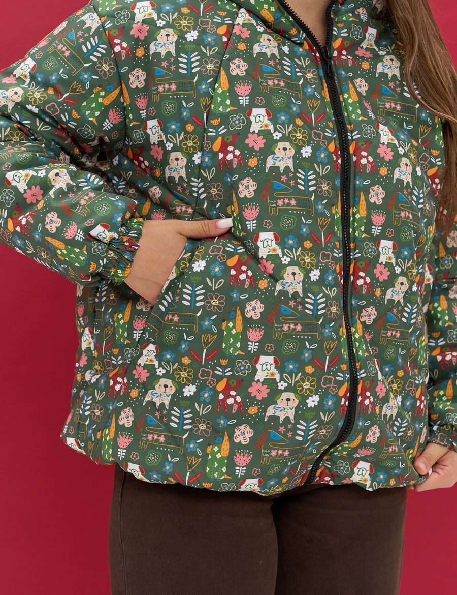 Women's Round Jacket Green with Dog Print