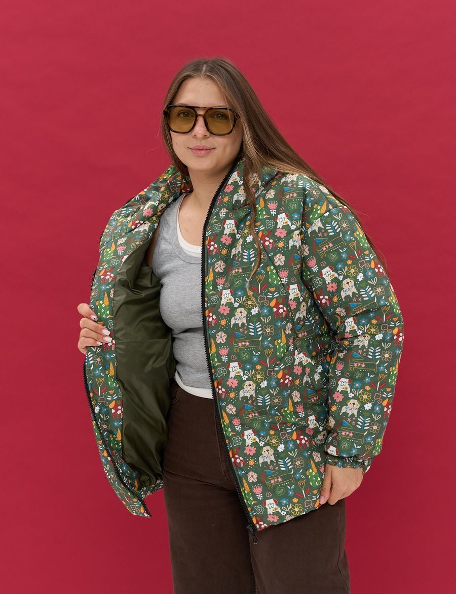 Women's Round Jacket Green with Dog Print