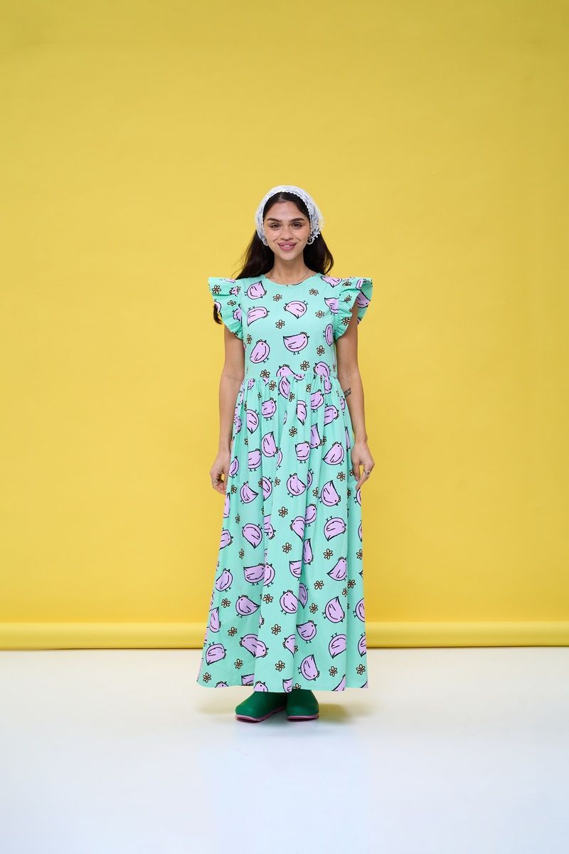 Cotton maxi sundress in light green with "Chicks" print