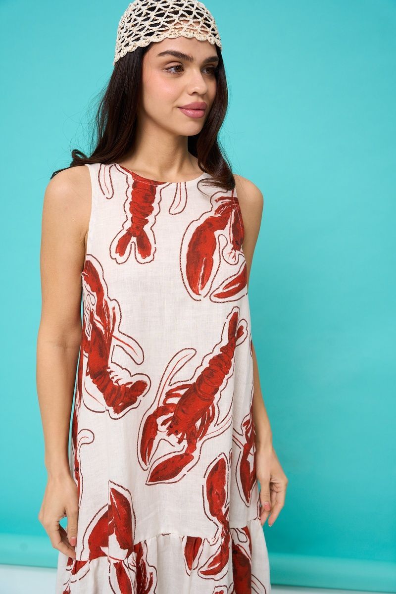Women's linen maxi sundress with a 'Red Crayfish' print