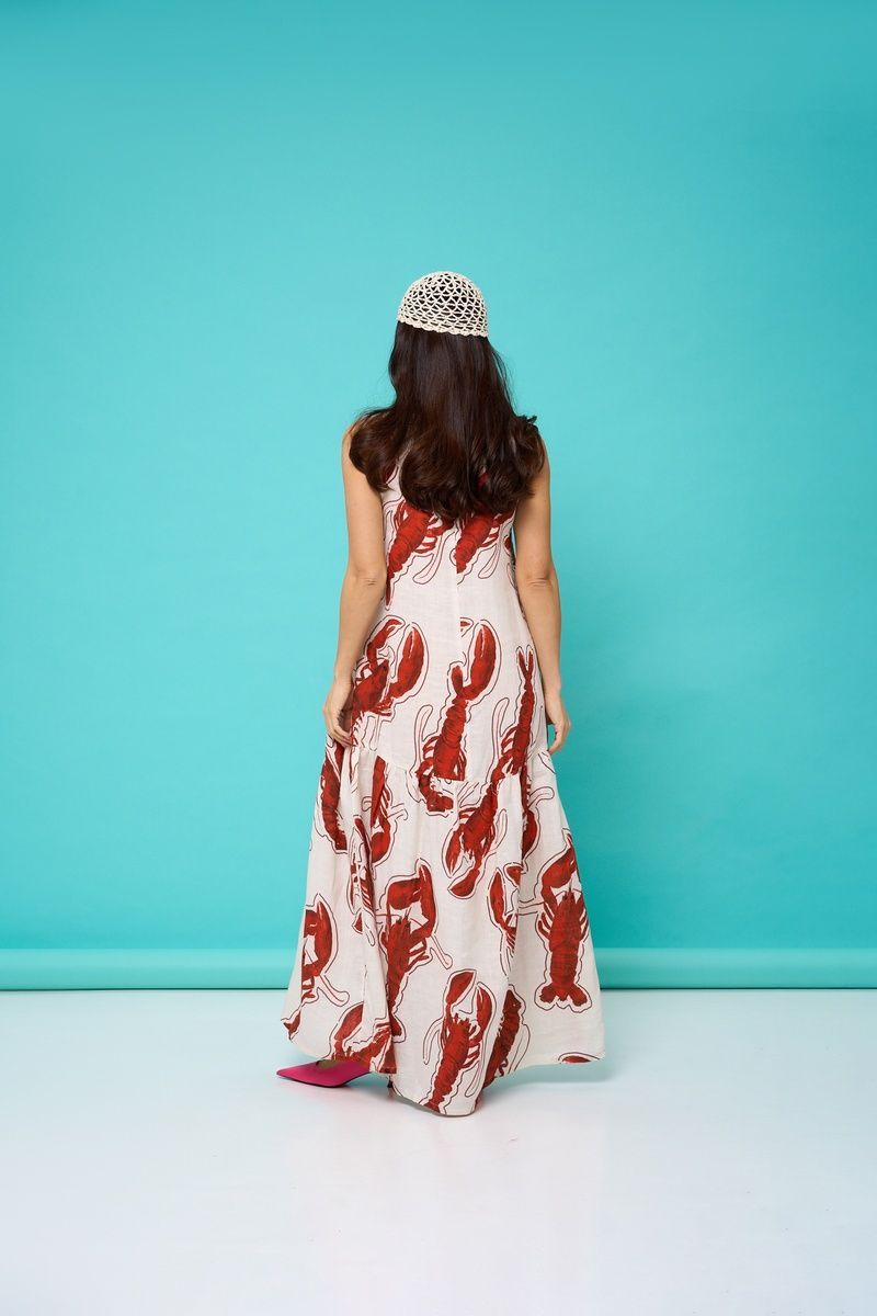 Women's linen maxi sundress with a 'Red Crayfish' print