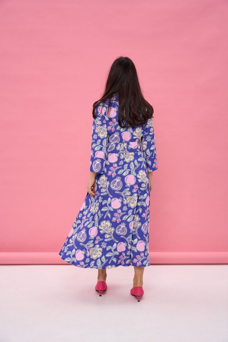 Women's blue cotton midi dress with a 'Pomegranates' print