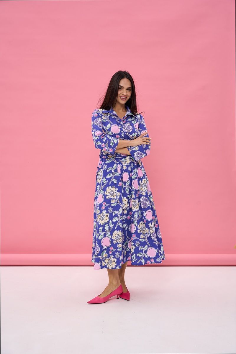 Women's blue cotton midi dress with a 'Pomegranates' print