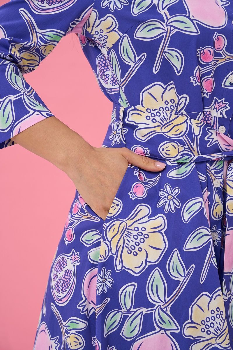 Women's blue cotton midi dress with a 'Pomegranates' print