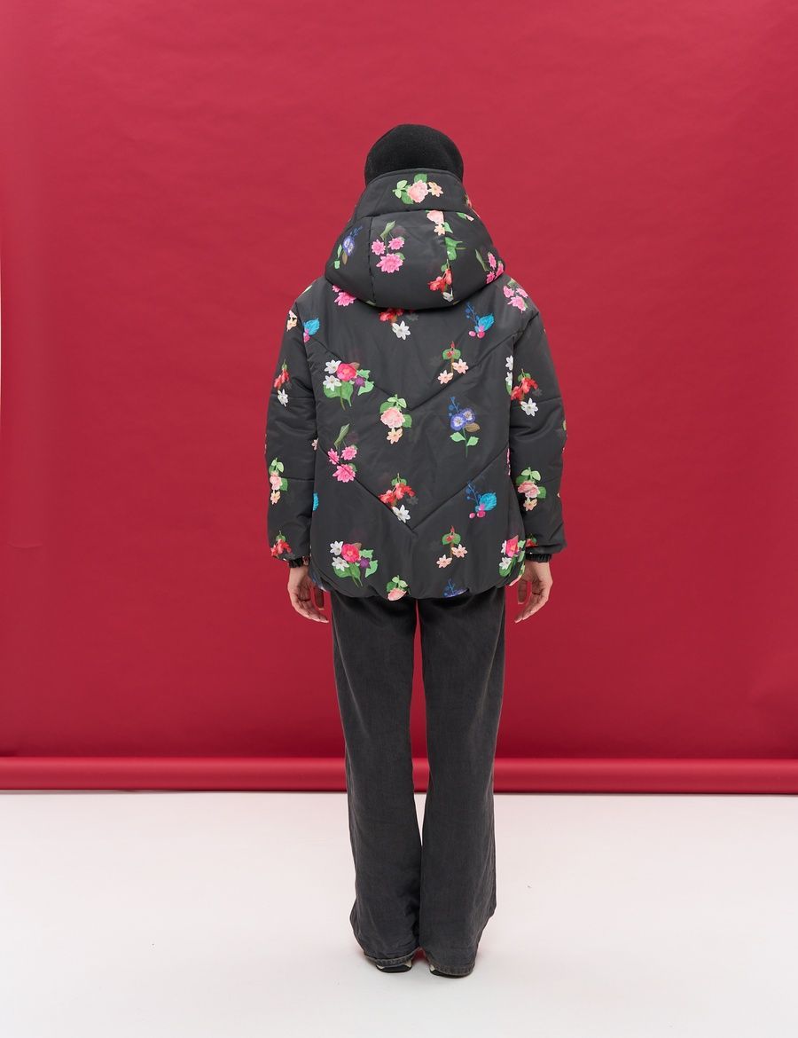 Women's Round Jacket Black with Floral Print