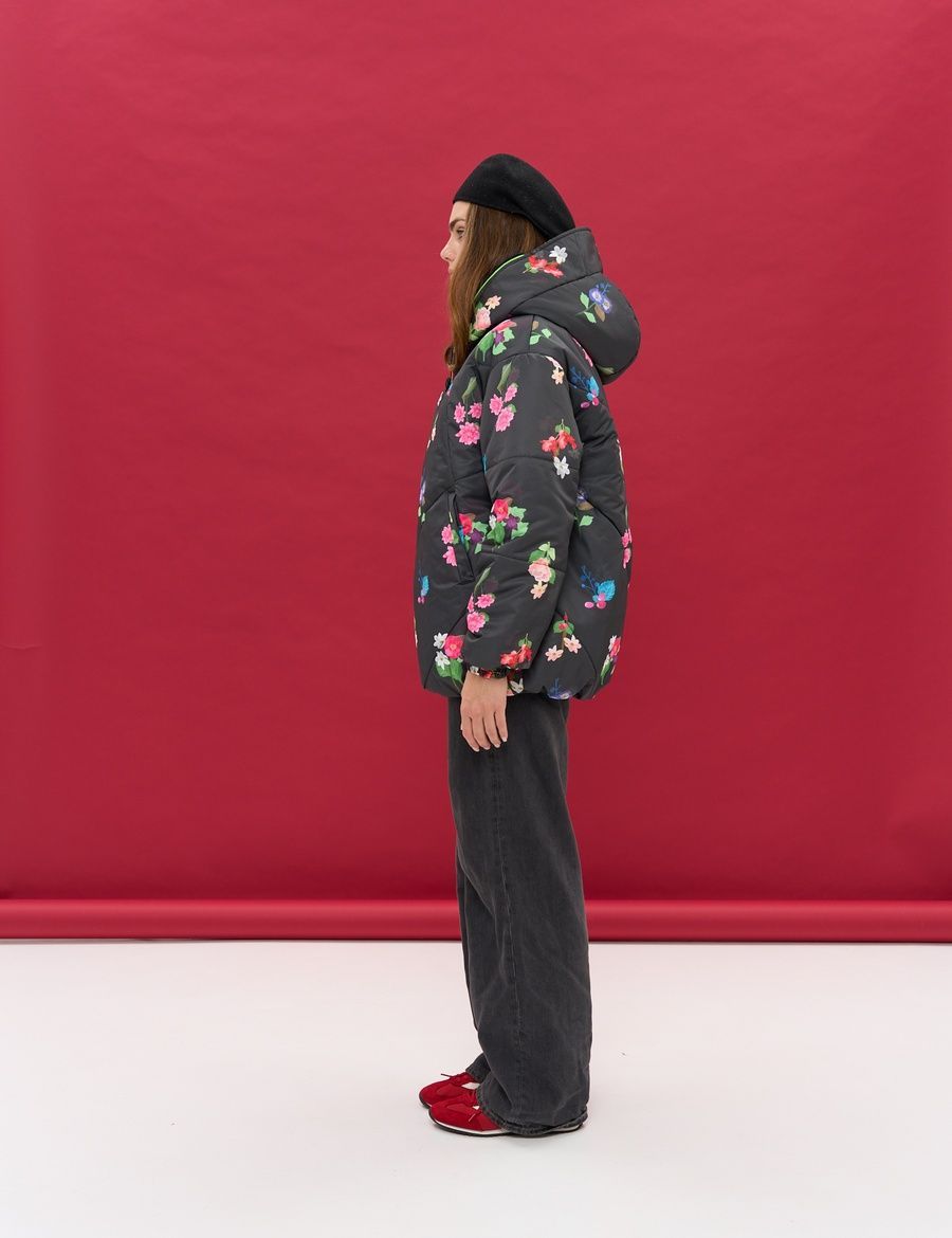 Women's Round Jacket Black with Floral Print