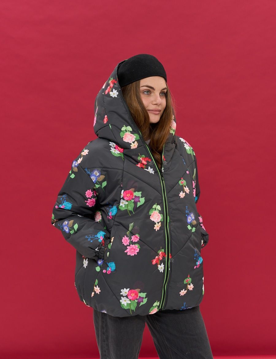 Women's Round Jacket Black with Floral Print