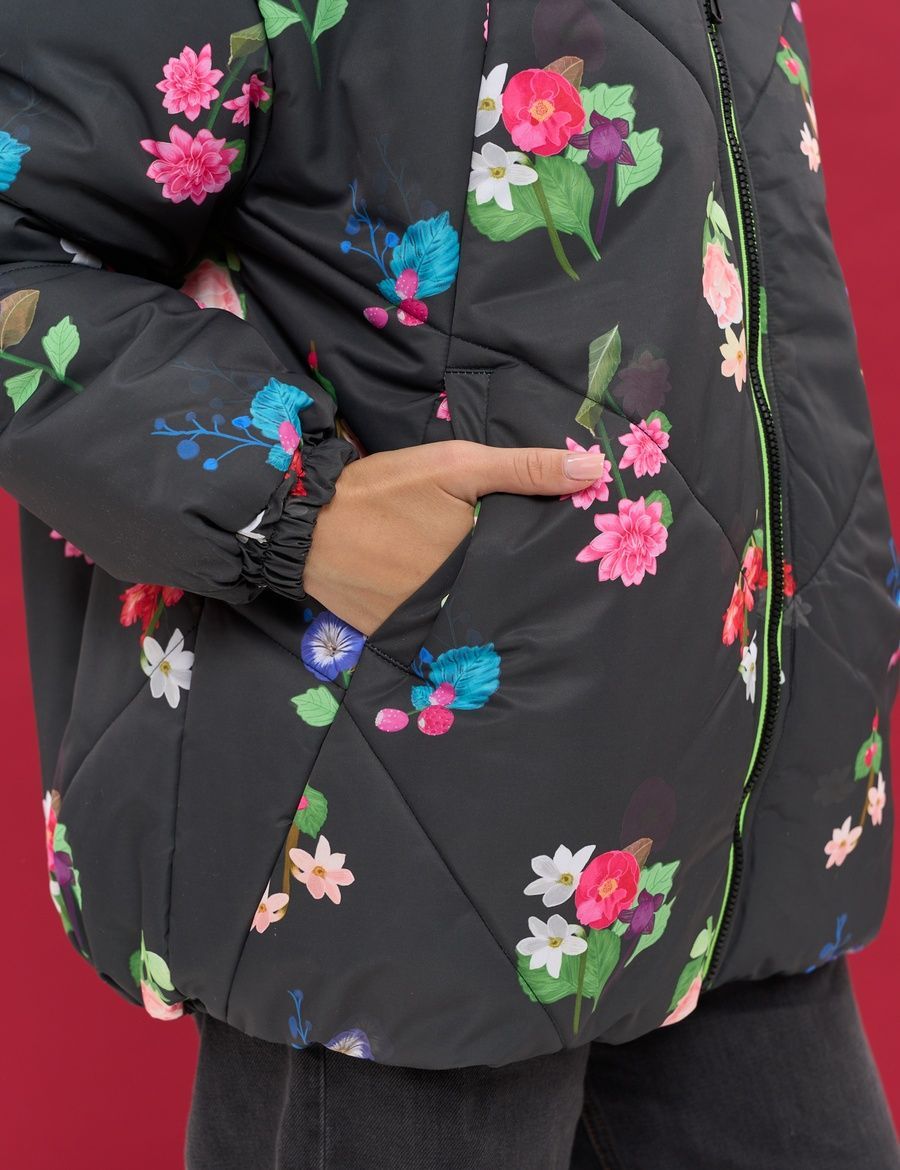 Women's Round Jacket Black with Floral Print