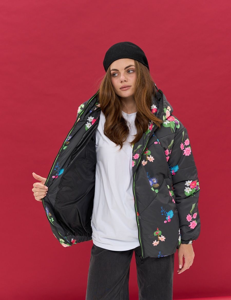 Women's Round Jacket Black with Floral Print
