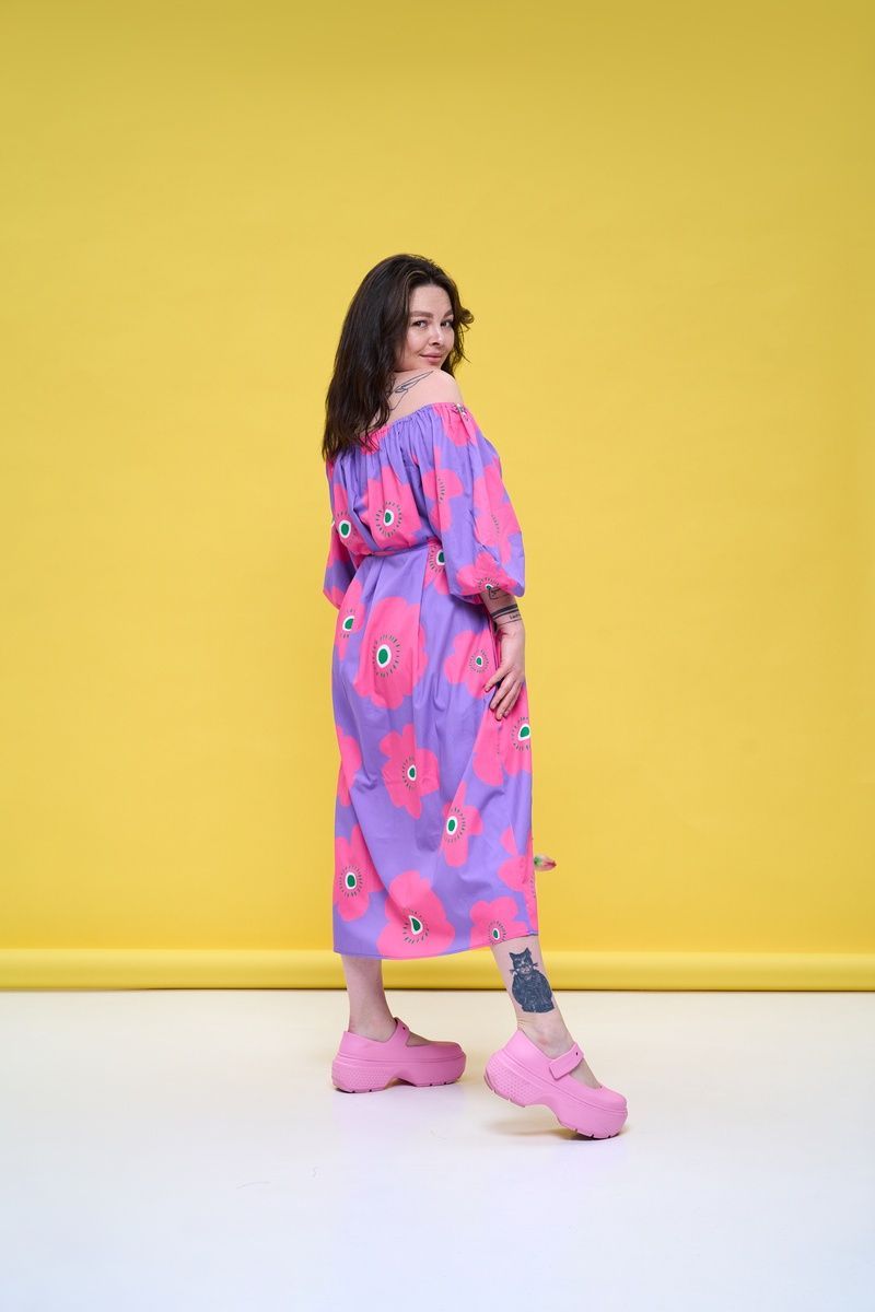Cotton midi dress in purple with "Pink Flowers" print