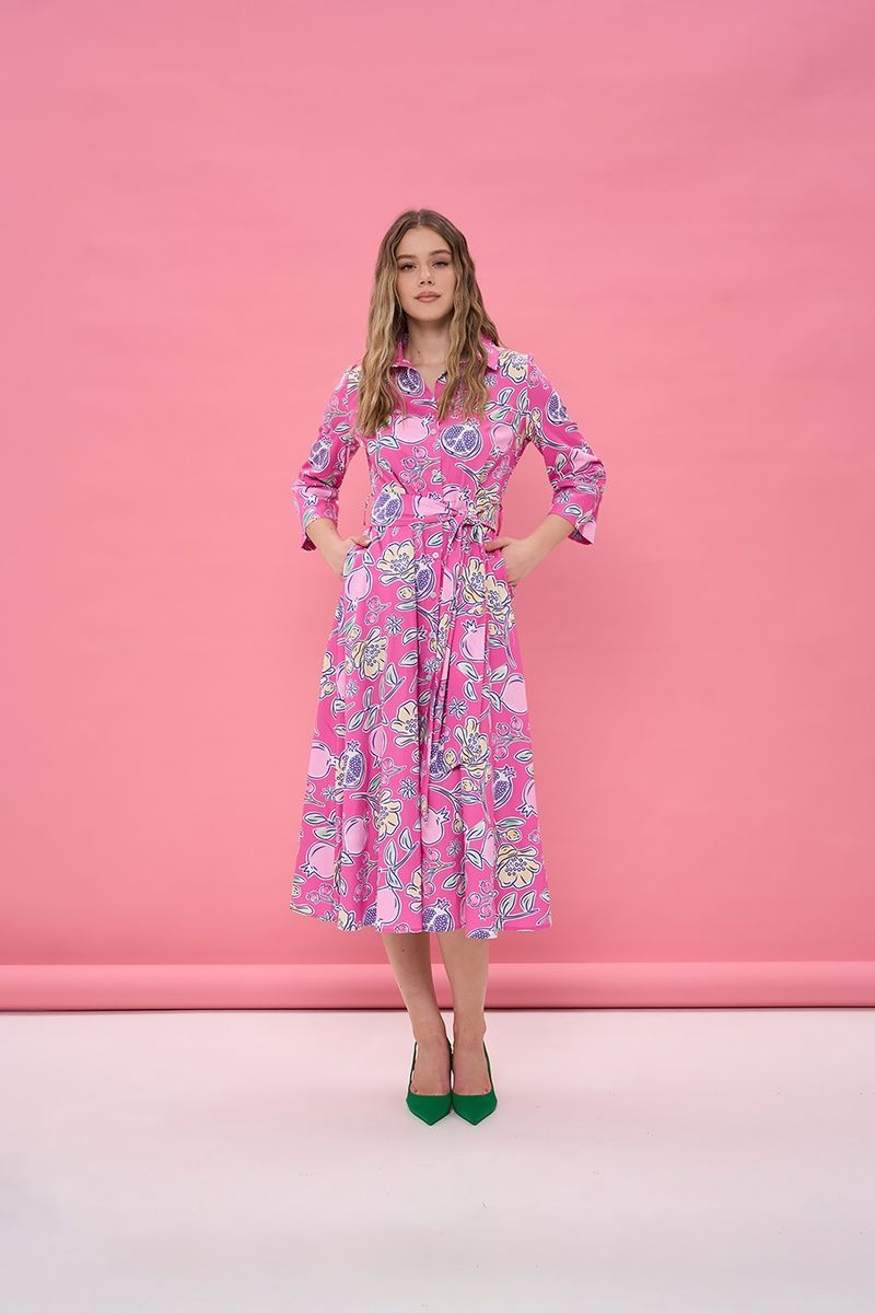 Women's pink cotton midi dress with a 'Pomegranates' print