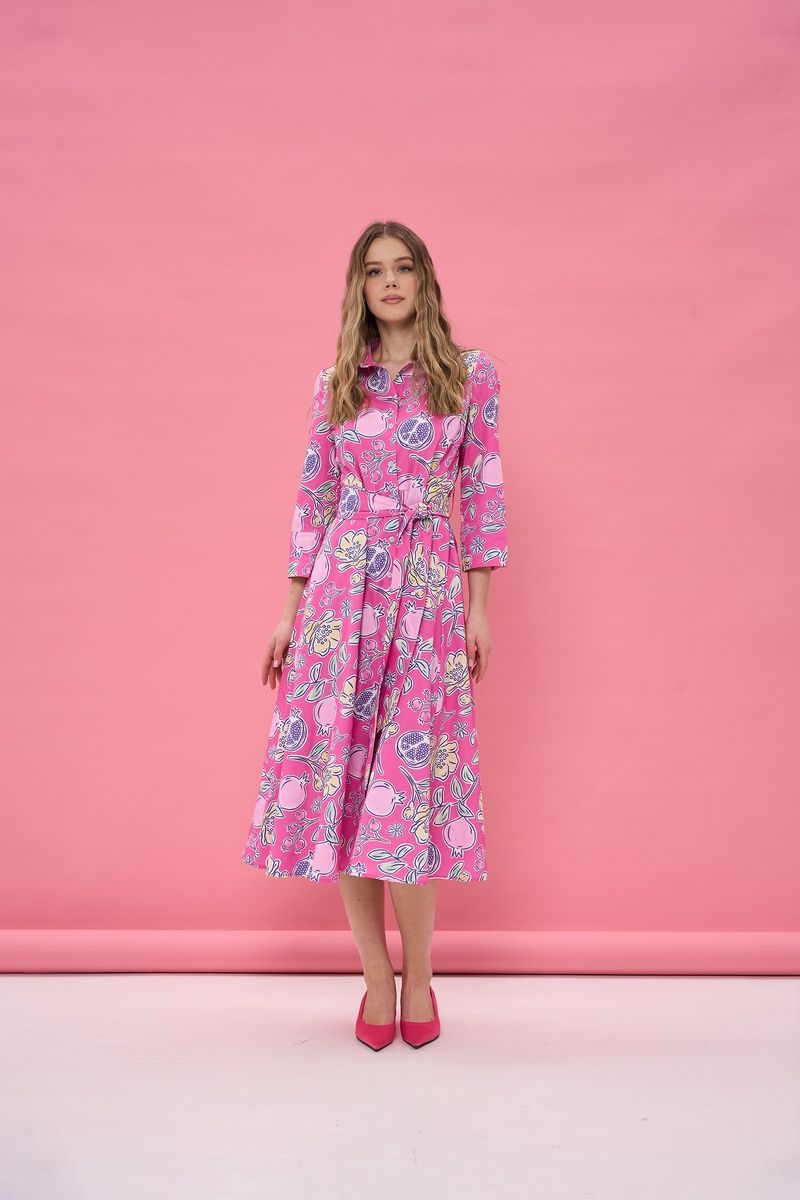 Women's pink cotton midi dress with a 'Pomegranates' print