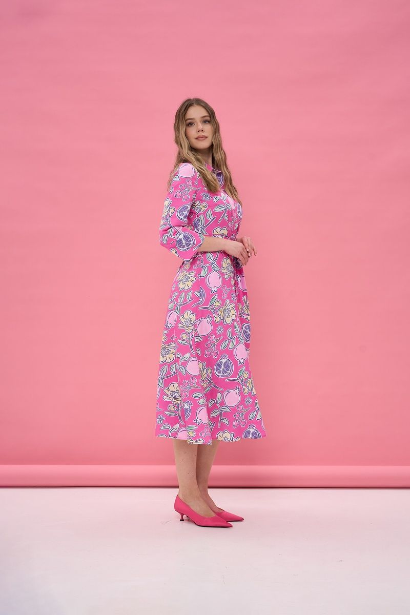 Women's pink cotton midi dress with a 'Pomegranates' print
